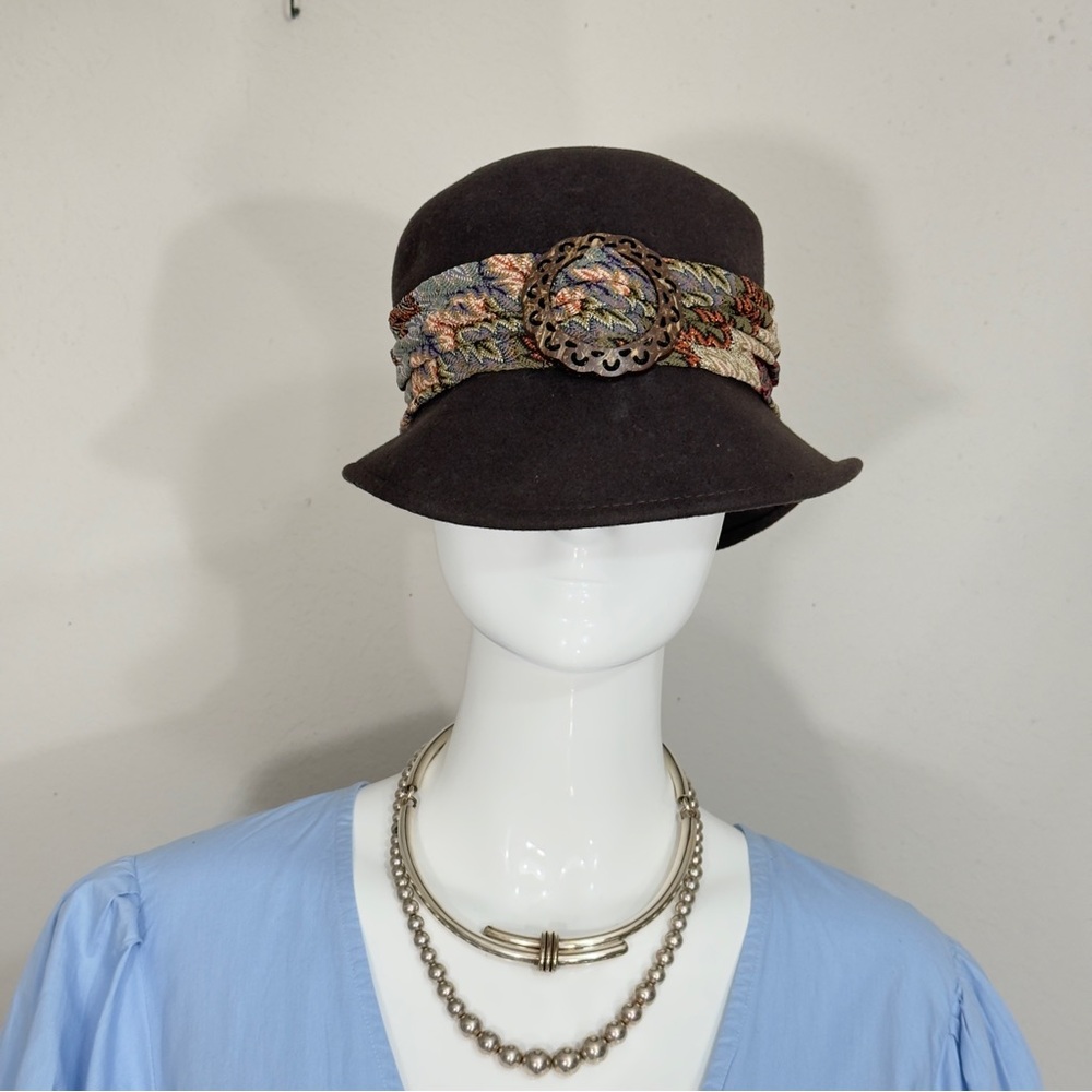 Y2K Scala Collezione Womens One Size Brown Cloche Wool Hat w/Buckle Short Brim